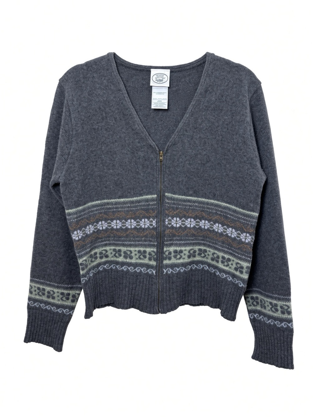 Vintage Laura Ashley 100% Lambswool Fair Isle Zip Cardigan Gray Green UK Sz M